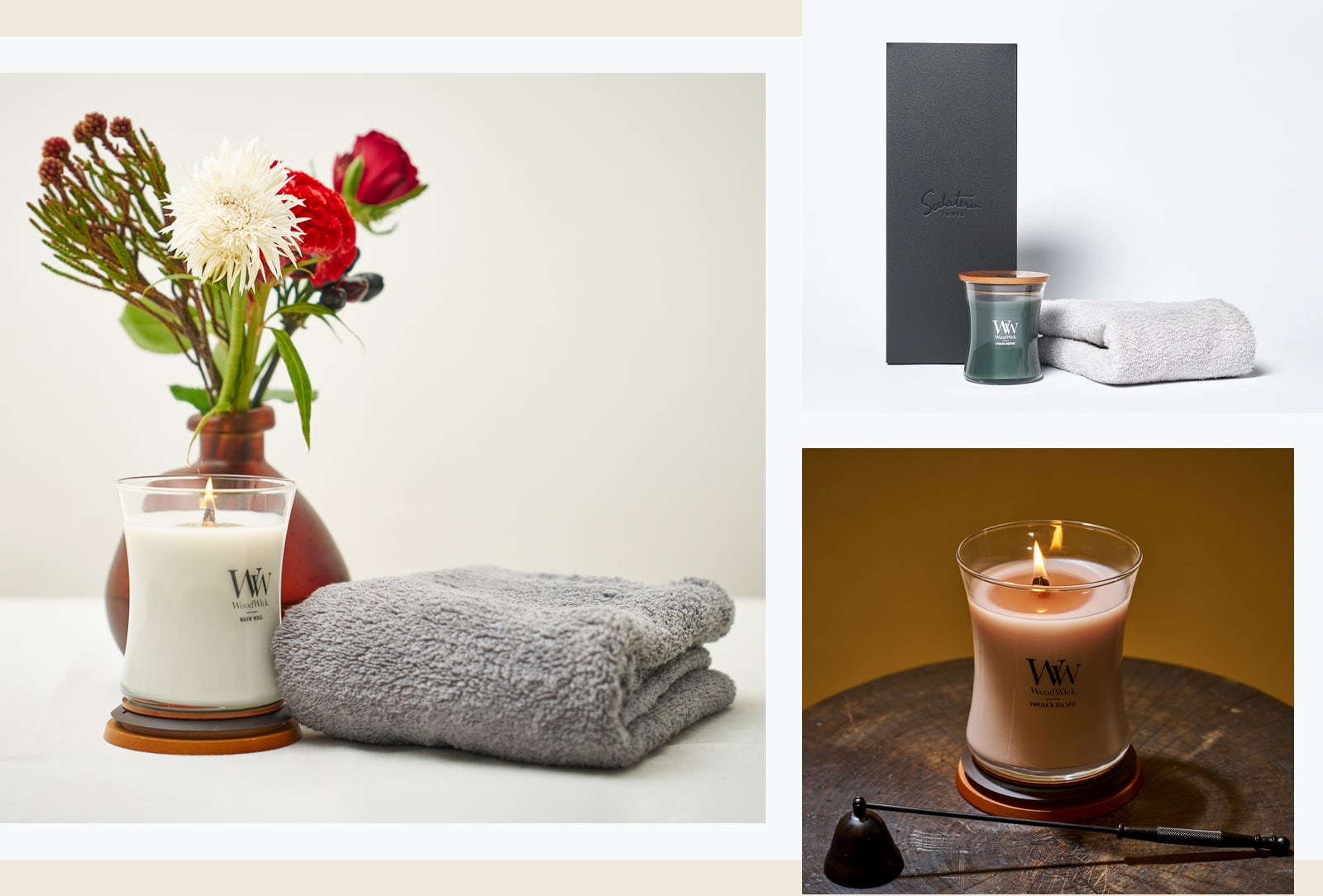 MARQUE ドゥミ(ミニバスタオル)+WoodWick ジャーキャンドル ギフトセット